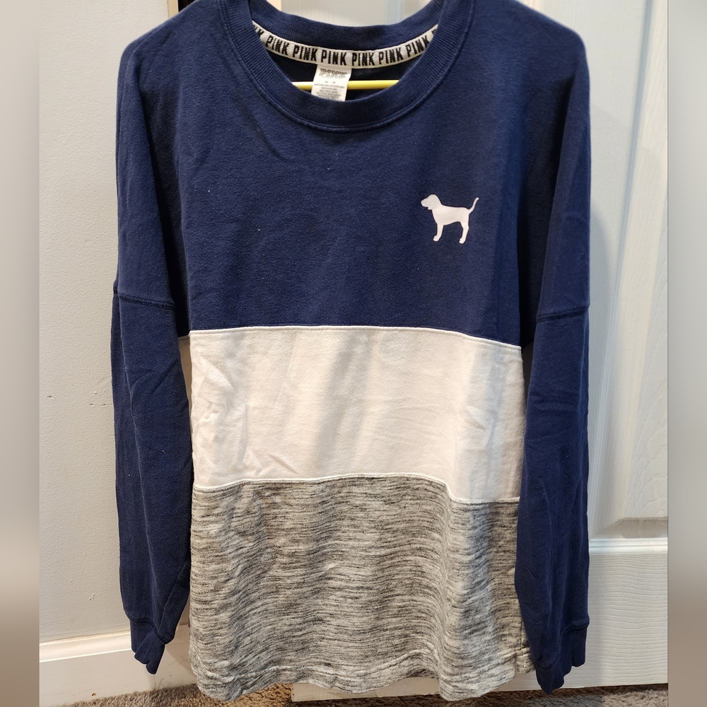 Victoria's Secret PINK Tri Colored Long Sleeved Tee with Logo on Back Medium